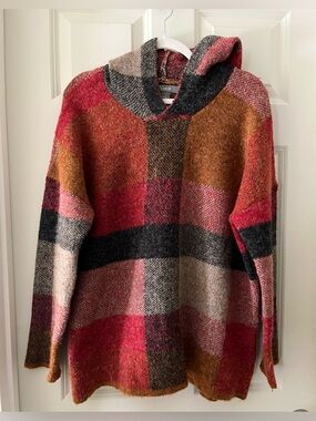 Natural Reflections oversized cozy knit sweater pullover attached hood plaid L